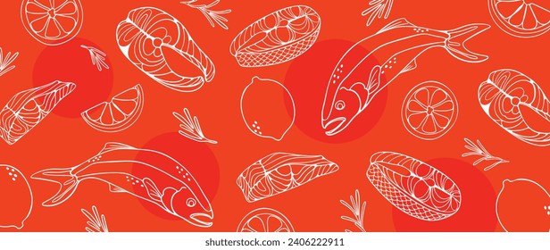 Salmon steak pattern texture background vector. Abstract salmon meat on orange background with stripes salmon line art, lemon. Design illustration for Japanese Restaurant, website, banner, packaging.