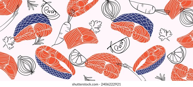 Salmon steak pattern texture background vector. Abstract salmon meat on light background with stripes salmon, lemon, carrot. Design illustration for Japanese Restaurant, website, banner, packaging.