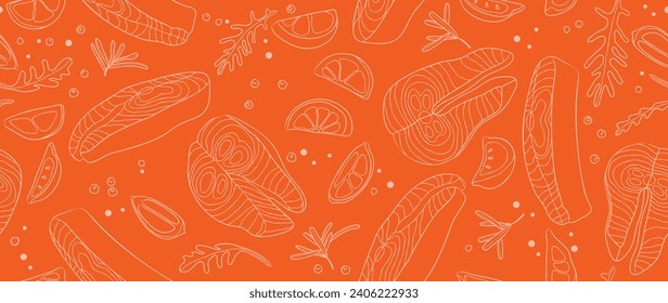 Salmon steak pattern texture background vector. Abstract salmon meat on orange background with stripes salmon line art, lemon. Design illustration for Japanese Restaurant, website, banner, packaging.