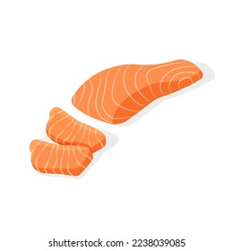 Salmon steak with peaces. Fillet of red fish. Seafood product design. Vector illustration isolated white background.