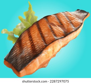 Salmon steak, realistic 3d, rare grilled steak, ultra realistic, icon, falling flying, detailed, food foto