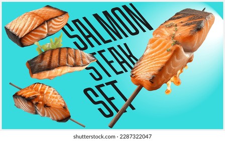 Salmon steak, realistic 3d, rare grilled steak, ultra realistic, icon, falling flying, detailed, food foto