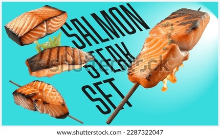 Salmon steak, realistic 3d, rare grilled steak, ultra realistic, icon, falling flying, detailed, food foto