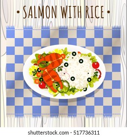 Salmon steak with rice and vegetables. Vector image.