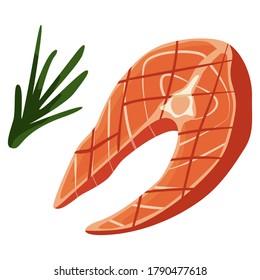 Salmon steak and rosemary sprig on white isolated backdrop. Barbeque for invitation or gift card, notebook, grill bar logo, scrapbook. Phone case or cloth print. Flat style stock vector illustration