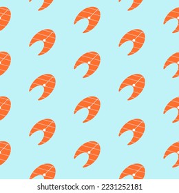 Salmon steak, seamless pattern, vector. Pattern of salmon steaks on a blue background.