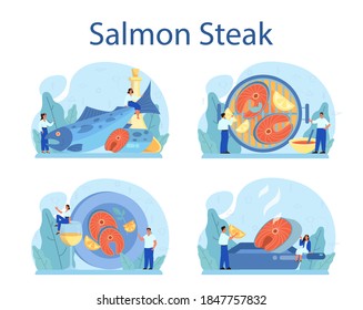 Salmon steak set. Chef cooking grilled fish steak on the plate with lemon. Tasty fish fillet for dinner or lunch. Delicious meal. Isolated vector illustration in cartoon style