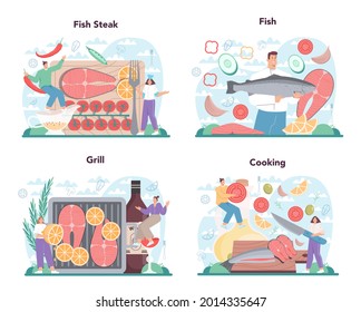 Salmon steak set. Chef cooking grilled fish steak on the plate with lemon. Tasty fish fillet for dinner or lunch. Delicious meal. Isolated vector illustration in cartoon style