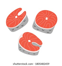 Salmon steak set, hand drawn doodle art, fresh redfish, isolated hand drawn illustration, fresh raw fish, vector art