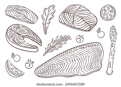 Salmon steak set in line art style. Hand drawn fish piece and fillet with vegetables. Vector illustration isolated on a white background.