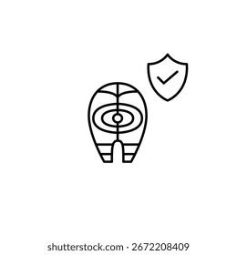Lachssteak, Schild und Häkchen. Geprüfte Produktsicherheit, zertifizierte Inhalte, vertrauenswürdiger Restaurantservice, genehmigte Zutaten. Pixel perfekt, bearbeitbares Strichvektorsymbol