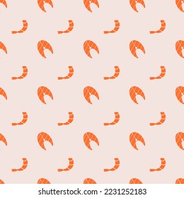 
Salmon steak and shrimp, seamless pattern, vector. Pattern of salmon and shrimp steaks.