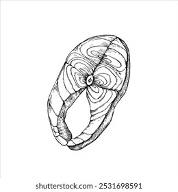 Bife de salmão esboço mão desenhado com tinta. Ilustração vetorial em preto e branco de um pedaço de peixe. Elemento de design para cardápio de restaurante, receitas, embalagens e rótulos de alimentos. 