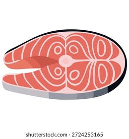 Rebanada de filete de salmón, carne de pescado roja. Filete fresco, nutrición de proteínas omega, comida de mar. Mariscos sanos, trozo cortado. Consumo saludable de vitaminas. Ilustración vectorial plana aislada sobre fondo blanco