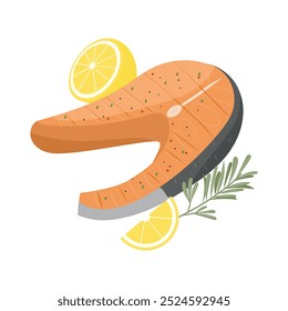 Filete de salmón con rodajas de limón y ramita de romero. Filete de gallineta. Diseño de producto de mariscos. Ilustración vectorial aislada en el fondo blanco, estilo plano.