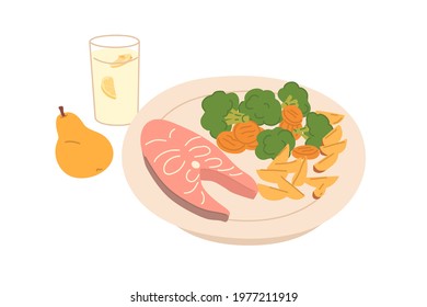 Salmon steak and steamed vegetables served on plate. Healthy food and drink for lunch, dinner or supper. Tasty balanced meal. Flat vector illustration of fish and veggie isolated on white background