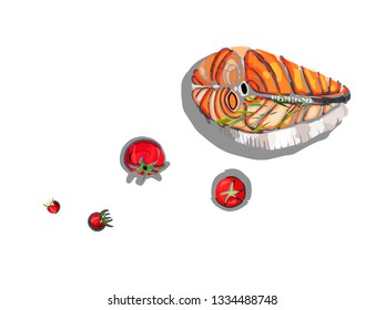 Salmon steak with tomatoes on a white background. Drawn by hand. Isolated, color illustration.
