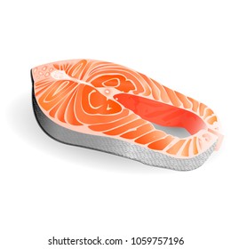 Salmon steak vector illustration. Piece of red fish lying on white background. Realistic raw seafood. 