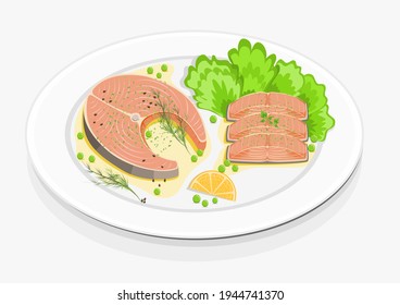 salmon steak  and vegetables on a white plate