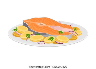 Salmon Steak with Vegetables Served on Plate as National Dish of Norway Vector Illustration