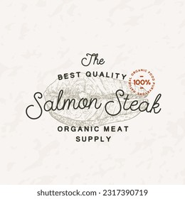 Vorlage für das Logo des Lachs Steak Vintage-Vektorgrafik-Labels. Gravur Stil Fisch Filet Illustration mit Typografie. Handgezeichnete Retro-Food-Zeichenkombination. isoliert