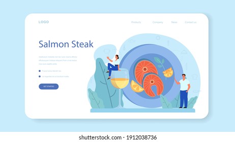 Salmon steak web banner or landing page. Chef cooking grilled fish steak on the plate with lemon. Tasty fish fillet for dinner or lunch. Delicious meal. Isolated vector illustration