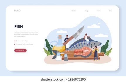 Salmon steak web banner or landing page. Chef cooking grilled fish steak on the plate with lemon. Tasty fish fillet for dinner or lunch. Delicious meal. Isolated vector illustration