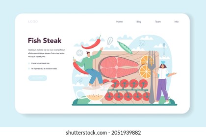 Salmon steak web banner or landing page. Chef cooking grilled fish steak on the plate with lemon. Tasty fish fillet for dinner or lunch. Delicious meal. Flat vector illustration