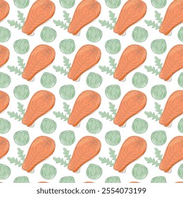 Salmon steaks, arugula leaves and brussels sprout heads Seamless pattern. Healthy food background