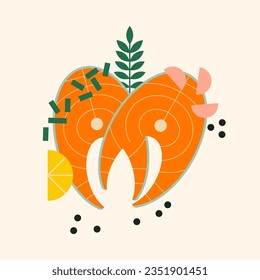 Salmon steaks with lemon, garlic and pepper for baking. Appetizing red fish steak. Flat vector illustration, geometric, modern style. Healthy seafood with herbs for cooking.