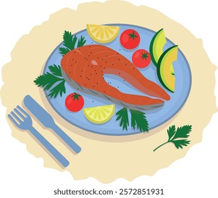 Salmon steaks on a plate.  The fish is served with lemon, tomatoes, parsley, avocado, fork and knife. View from above. Healthy dishes, seafood. Slicing red fish.Vector illustration. Food illustration.