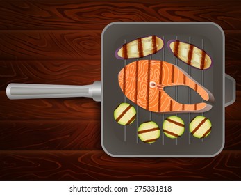 Salmon steaks with vegetables on grilling pan on wooden table. Vector image can be used for restaurant and cafe menu design, food posters, print cards and other crafts.