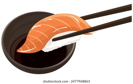 Salmon sushi dipping in soy sauce vector illustration.