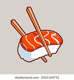 Salmon Sushi Food With Chopstick Cartoon Vector Icon 
Illustration. Food Holiday Icon Concept Isolated Premium 
Vector. Flat Cartoon Style 