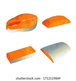 Salmon for sushi food menu vector illustration Isolated white background. Collection of different salmon pieces and slices. Art for menu decoration. Sushi ingredients design.