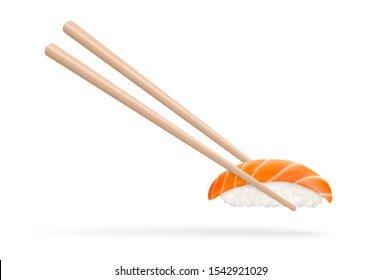 Salmon sushi. Isolated sushi roll with chopsticks. Realistic vector illustration