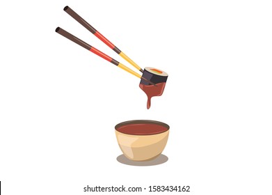 salmon sushi keep chopsticks and dipped into the sauce vector Illustration
