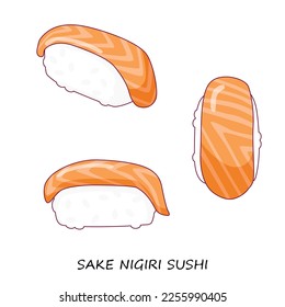 Salmon sushi nigiri on white background. Sake nigiri. Different view. Traditional Japanese food. Vector clipart.