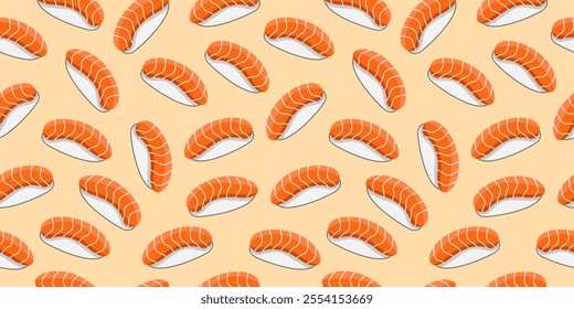 Salmon sushi nigiri seamless pattern background. Sushi motif fabroc Japanese food wallpaper. Vector illustration