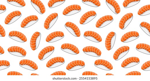 Salmon sushi nigiri seamless pattern background. Sushi motif Japanese food wallpaper. Vector illustration