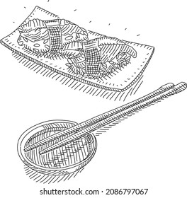 Salmon sushi nigiri with soya sauce and chopsticks. Sketchy hand-drawn vector illustration. Japanese food.