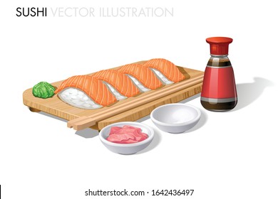 Salmon sushi on wood with chop sticks, wasabi, ginger and soy sauce bottle. Toro nigiri. Realistic vector illustration.
