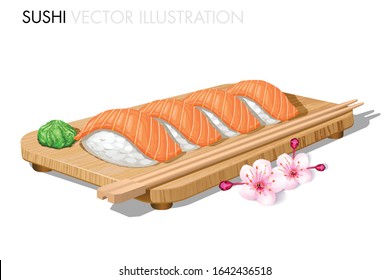 Salmon sushi on wood with chop sticks, wasabi, ginger. Toro nigiri. Realistic vector illustration.