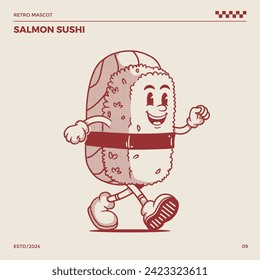 Mascota retro Salmon Sushi, mascota de dibujos animados