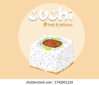 Salmon sushi rice sprinkled with dried seaweed. Poster sushi on pastel background.