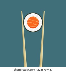 Salmon sushi roll. Chopsticks holding Japanese fish dish. Traditional Asian sea food. Restaurant poster. Vector illustration in trendy flat style isolated.