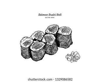 salmon sushi roll, hand draw sketch vector.