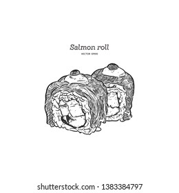 salmon sushi roll, hand drawn sketch vector.