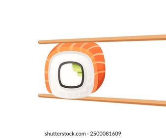 Salmon sushi roll held by chopsticks. Japanese cuisine promotions and restaurant menus. Delivery asian food service. Vector illustration isolated on white background.