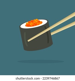 Rollo de sushi de salmón con caviar rojo. Palos de palo sosteniendo un plato de pescado japonés. Cocina asiática tradicional del mar. Cartel del restaurante. Ilustración vectorial aislada al estilo moderno y plano.